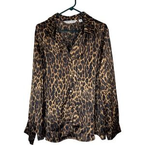 Beautiful by Lawrence Zarian Blouse Womens XL Brown Leopard Satin Button Front